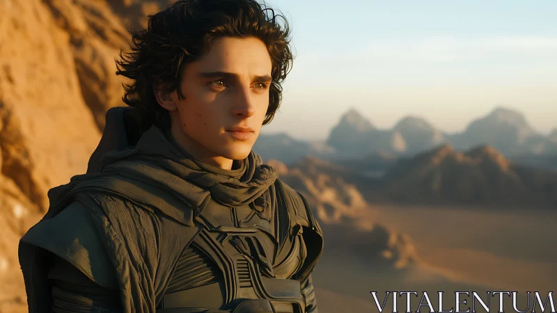 Desert wanderer gazing into golden dunes at quiet sunset.