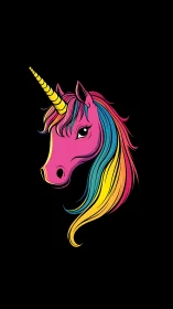 Neon night unicorn portrait with rainbow mane on black sky.