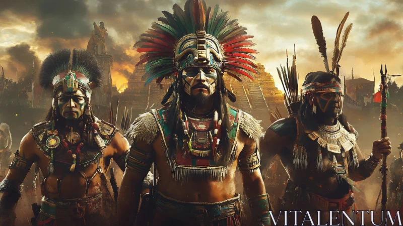 Warrior triad advances before sunlit Mesoamerican pyramid city