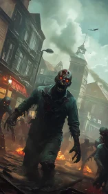 Advancing zombie horde storms burning city street at dusk