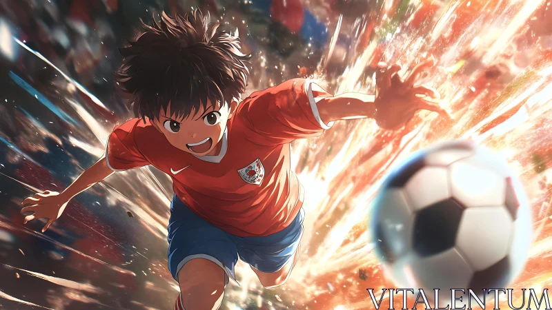 Animated soccer player advancing toward ball in motion.