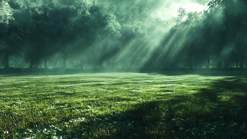 Sunlit forest clearing wrapped in soft morning stillness.