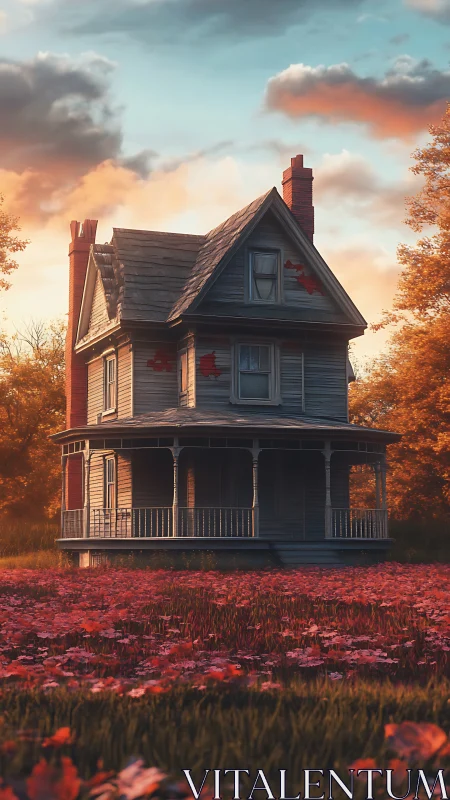 Autumn-lit Victorian farmhouse framed by low-depth floral field.