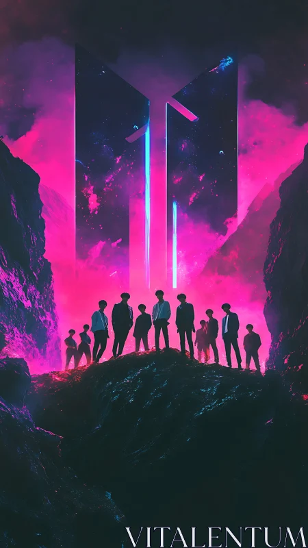 Cyberpunk group silhouette against neon portal monoliths.