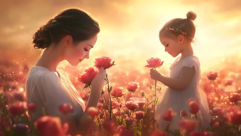 Mother and child harvest roses in golden sunset light.