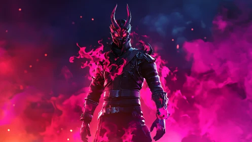 Demonic armored warrior stands in neon pink infernal flames
