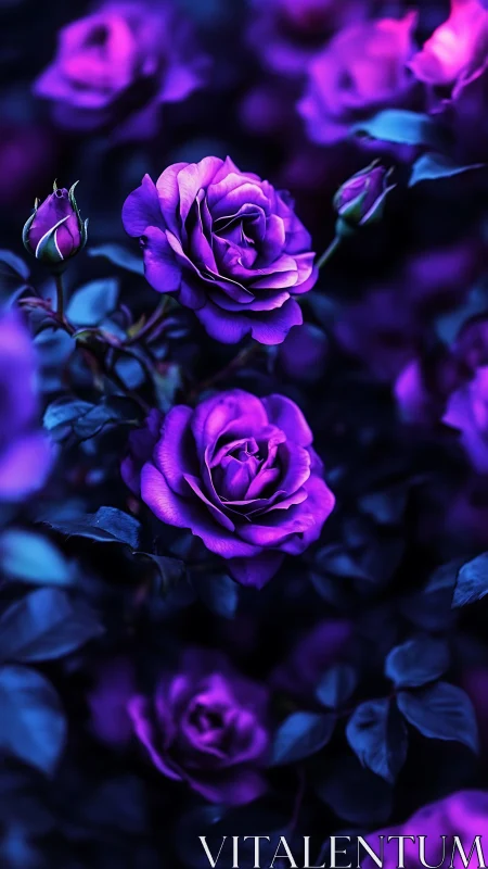 Neon Purple Roses in Moody Blue Floral Study