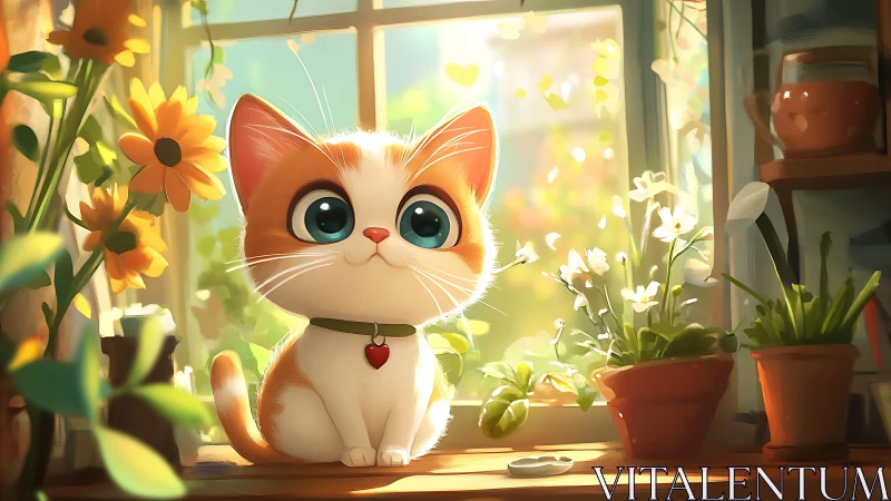 Orange and White Cat with Turquoise Eyes on Sunny Windowsill.