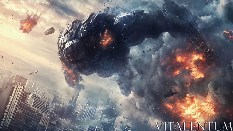 Massive alien ship explodes above dense futuristic cityscape