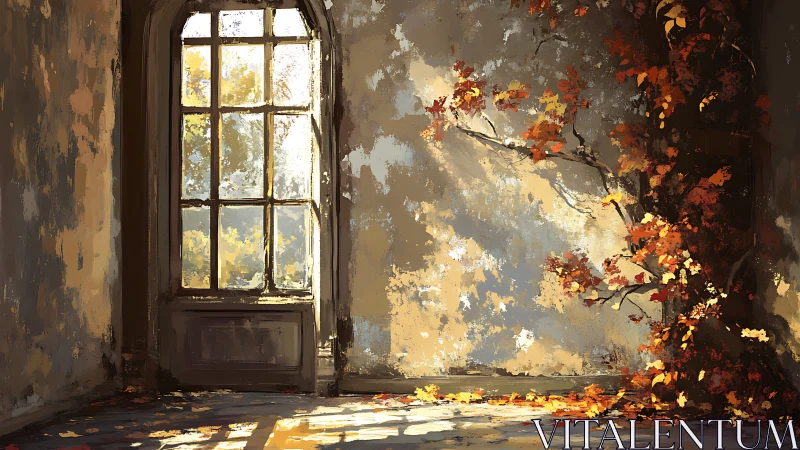 Interior wall with tall window and autumn foliage is depicted