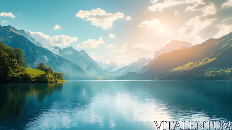 Sunlit alpine lake with reflective mountains and sky.