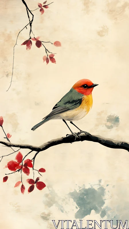 Small perched bird is illustrated on a horizontal branch