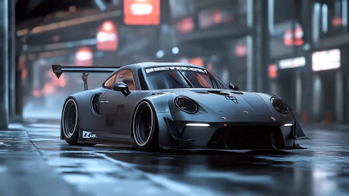 Track-spec grey GT car in neon-lit wet urban nightscape.