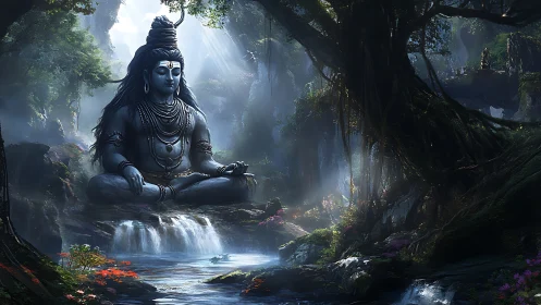 Large seated deity statue in misty forest river landscape.