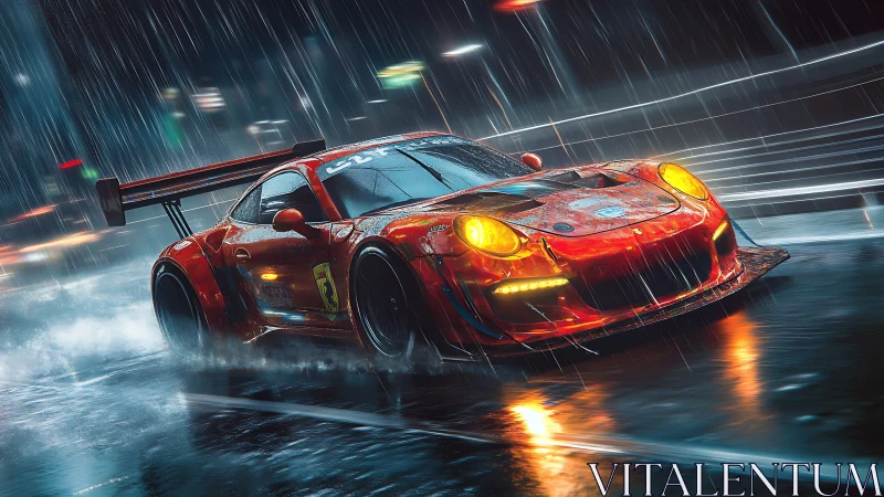 Red GT race car drifts through wet city street at night