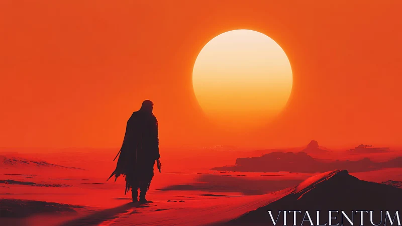 Solitary cloaked wanderer crosses high-saturation desert at sunset