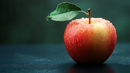 Dewlit crimson apple poised like a polished orchard jewel.