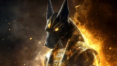 Egyptian jackal-headed deity rendered in molten gold fire.