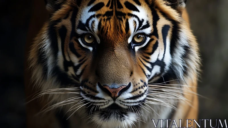 Candlelit gaze of a striped jungle monarch in still focus.