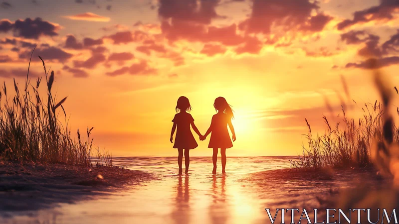 Photorealistic sunset shoreline with twin silhouettes composition.