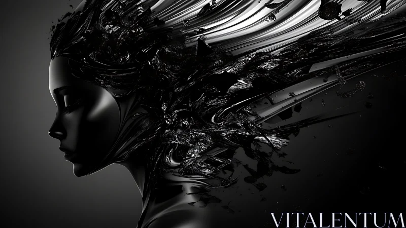 Liquid obsidian muse dissolving into streaming shadowlight.