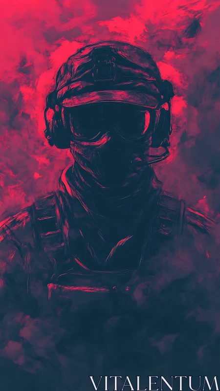 Digital painting of tactical soldier in neon chiaroscuro profile.