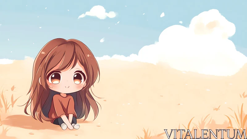 Chibi style girl seated on sandy field under blue sky.