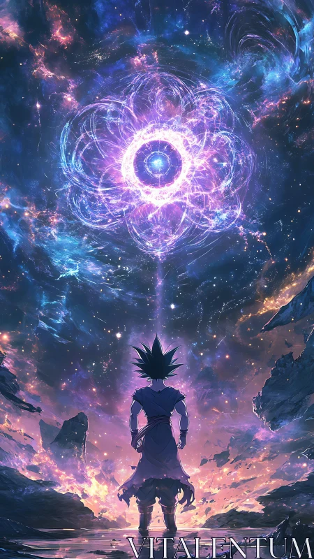 Cosmic warrior beneath radiant galactic energy blossom.