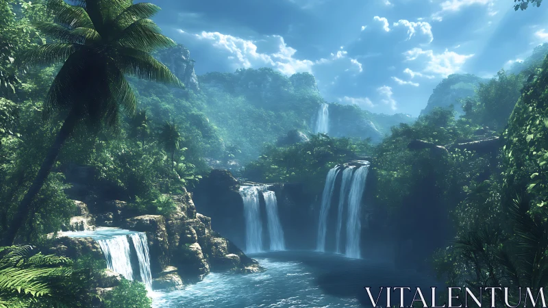 Multi-tier tropical waterfall basin in dense rainforest light