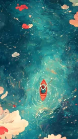 Digital painting of lone red kayak amid swirling teal waters.