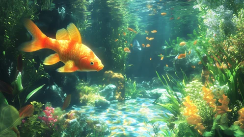 Golden koi swims through luminous underwater garden scene
