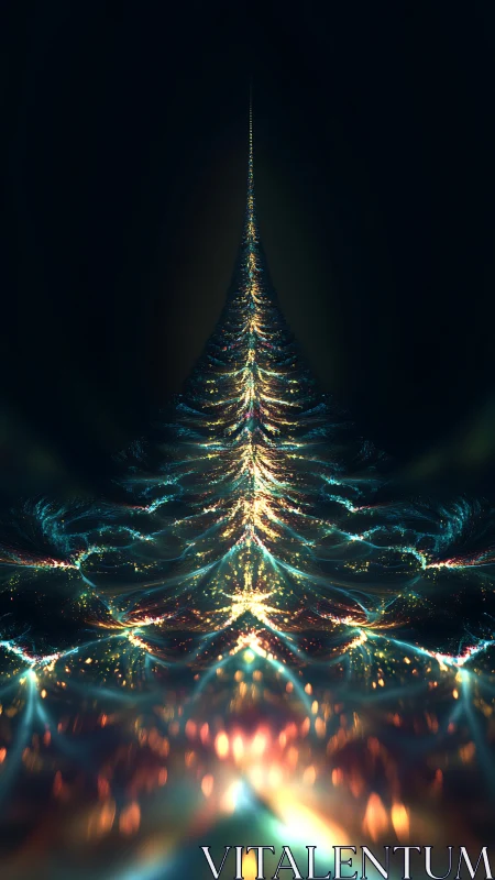 Glowing fractal spire rising in a dark abstract space.