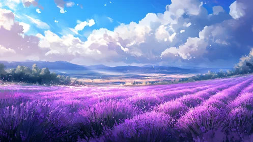 Atmospheric perspective over procedurally lit lavender terraces.