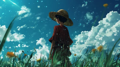 Straw hat wanderer under vast summer sky in meadow.