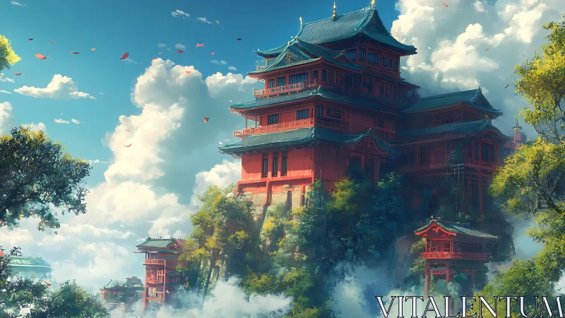 Multi-tiered red mountain complex rises above layered clouds