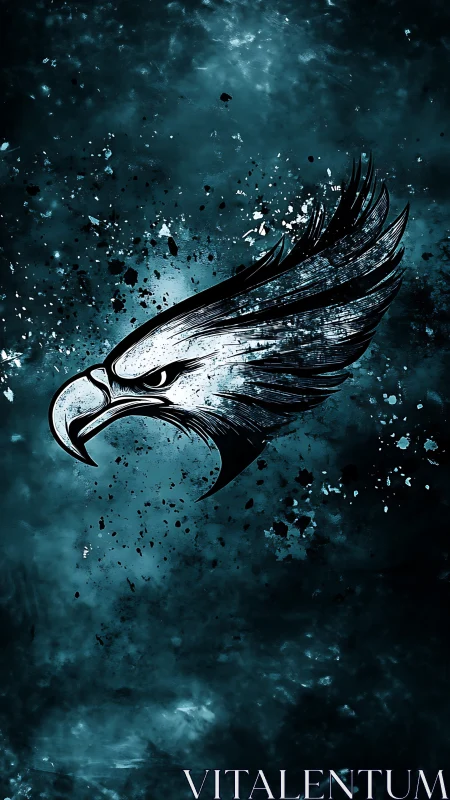 Stormlit eagle head bursting through deep teal night sky.