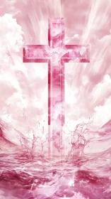 Crystal cross rises through rosy surf and cotton skies