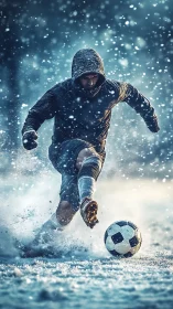 Soccer player kicking ball on snowy pitch during snowfall.