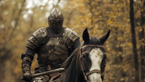 Armored mounted figure moves through forested environment