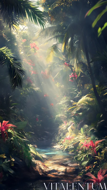Sunlit jungle stream where wild blooms quietly shimmer.