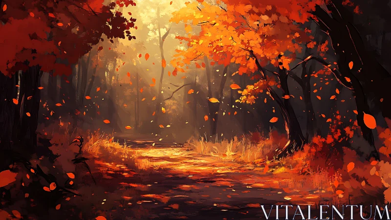 Woodland Ablaze: Where Autumn's Fire Dances Through Misty Paths