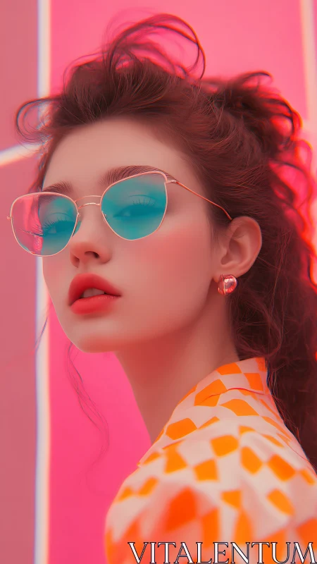 Stylized portrait of woman in sunglasses on neon backdrop.