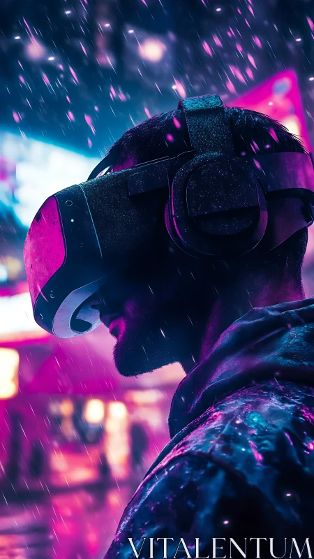 Man using VR headset in neon city rain at night.