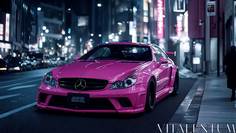 Pink modified Mercedes coupe parked on neon city street.