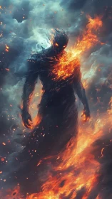 Fiery humanoid figure emerging through swirling clouds.