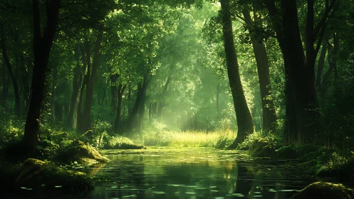 Enchanted Forest Stream: Nature's Glowing Sanctuary.