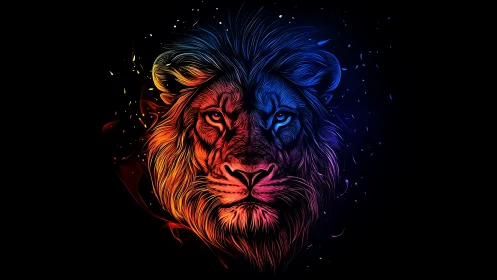 Neon dual-tone lion portrait on black digital canvas.
