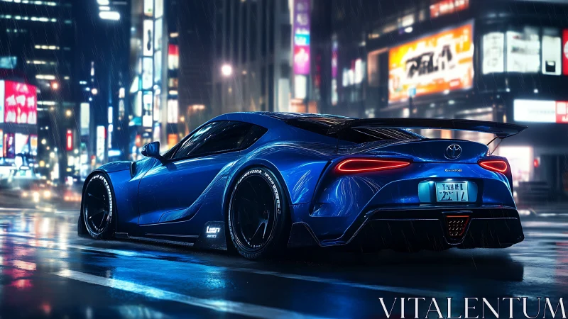 Neon rain crowns a blue street racer in midnight Tokyo glow