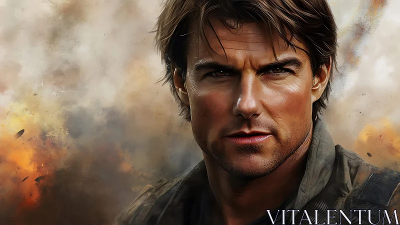 Intense soldier portrait against burning battlefield smoke