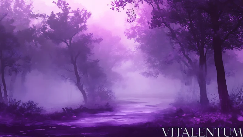 Ethereal Forest Path Through Luminous Purple Mist.